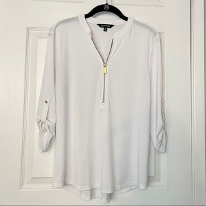 Ellen Tracy White Zip Front 3/4 Sleeve Top Sz M
